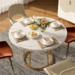 47.24 Inch Round Dining Table Kitchen Table for 4 People Wooden Marble Pattern Dinner Room Table with Gold Base for Home office