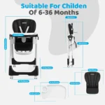 Sejoy Baby High Chair Adjustable with 5-Point Harness 3-Tier Tray & Wheels CE/CPC Certified Children's Dining Chair - Image 3