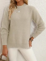 Chunky Knit Oversized Sweater With Side Slit And Mock Neck For Women