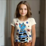 Girl Clothes Summer Cartoon Cat Graphic Children’s Clothing Kids Art Doodling Short Sleeve T Shirt Causal O-Neck Children Top