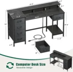 47 Inch Gaming Desk with Power Outlets, LED Lights & 5 Fabric Drawers, Reversible Home Office Desk for Work and Study