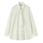 Women Striped Oversize Shirt with Tie Long Sleeves Collared Neck Button-up Tops for Office Lady - Image 7
