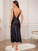 Solid Silk Satin Slip Nightdress, Draped Collar Split Backless Sleep Dress, Nightgown Women’s Sleepwear & Dresses