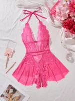 New Hot One Piece Halter Underwear Women Sleeveless Hollow Out Lace Patchwork Transparent Sleepwear Babydoll Sexy Lingеrie Set - Image 5