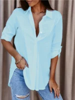 Solid Button Front Shirt  Casual Turn Down Collar Office Work Shirt  Women's Clothing - Image 3