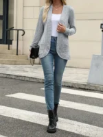 New fashion women’s solid color casual pit stripe brushed cardigan jacket