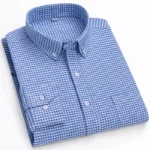 New 100% Cotton Oxford Men’s Shirts Long Sleeves Plaid Soft Regular Fit Formal Dress Shirt Pocket Social Blouse Male Clothes