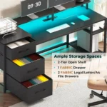 59″ Reversible Office Desk with Drawers, LED Lights & Power Outlet, Gaming & Home Computer Desk in Black