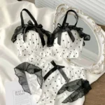 Women’s Cute Bow & Polka Dot Bra Set – No Wire Push Up for Petite Chest, Comfort Lace Underwear Set (2-Piece)