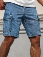 Men's summer workwear denim shorts, blue multi-pocket style. - Image 4