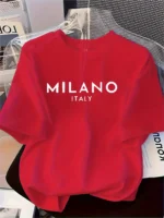 Men’s 100% pure cotton fashionable casual loose Italian style Milan letter printed round neck short sleeved T-shirt top