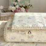 2026 Spring Summer Floral Print Double Gauze Bed Sheet with Fringe Lace Trim