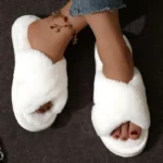 Cross Warm Fluffy Furry Slippers Women Lightweight Flat Heels Fur Slides Woman Autumn Winter