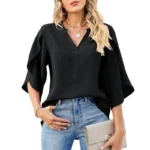 Women Summer Style Chiffon Blouses Shirts Lady Casual Short Flare Sleeve V-Neck