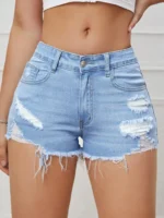 Ripped Raw Denim Shorts For Women Fashion A-line Hem Female Summer Hot Pants