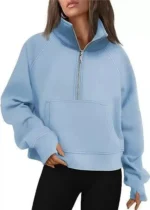 New Women's Spring Autumn Winter Stand Collar Plus Fleece Solid Color Hoodie Long Sleeve Pocket Loose Half Zip Pullover Hoodie - Image 8