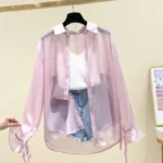 Women Summer Thin Loose Button-Up Sunscreen Shirt Woman