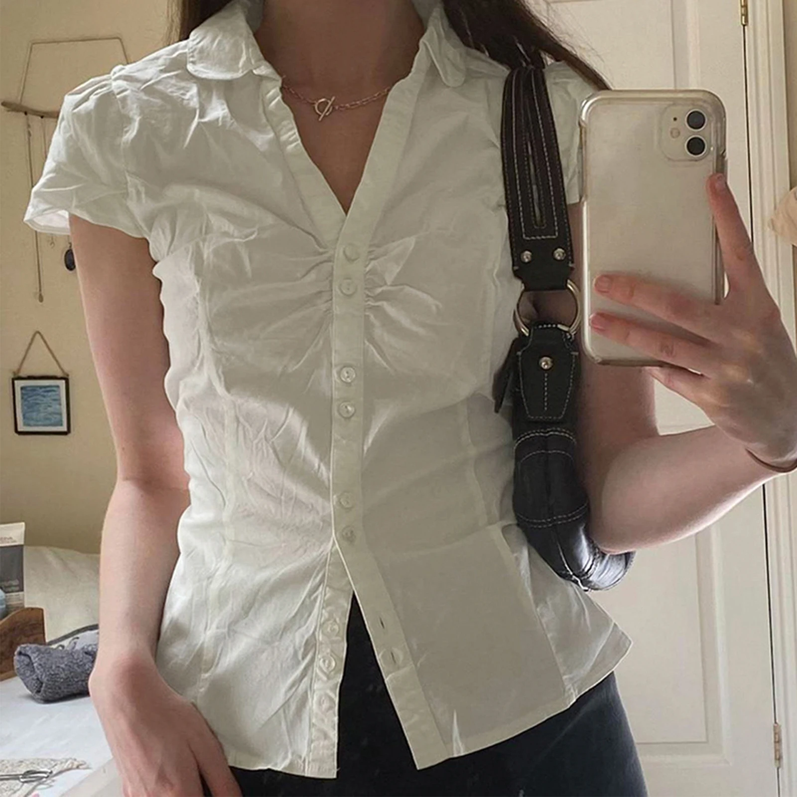 Sf393098ef4c54e4ea82b9cb27dccafd4r.webp Women Summer Kawaii Solid Shirring Button Up Turn Down Collar Short Sleeve