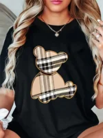 Women’s Sporty Casual Striped Bear Print T-Shirt
