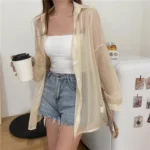 Semi Sheer Long Sleeve Shirt for Women Shimmer Button Down Collared Plain Lightweight