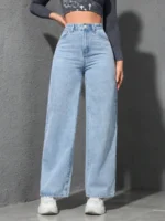 Retro Loose Wide Leg Jeans Fashion Women Solid Straight Wash High Elastic Waist Denim Pants - Image 3