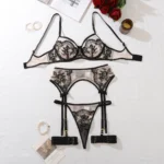 AVELINE New 4-piece Women’s Flower Embroidery Lingerie Set Pure Color Mesh Sheer Panty Set