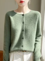 Women 100% Merino Wool Cardigan Soft O-Neck Cashmere Sweater OL Buttoned Knitwear Casual Top Clothing - Image 5