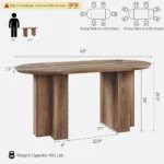63 Rustic Oak Oval Dining Table with T-Shaped Base for 4-6 People, Sturdy and Thick Tabletop