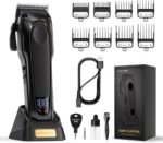Professional Cordless Hair Clippers for Men with High Torque Motor & Detachable Blades – Barber Kit with Charging Base in Black