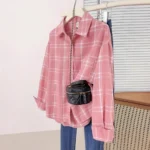 Long Sleeve Pink Plaid Shirt Women’s Autumn Summer Lazy Slimming Casual Versatile Outerwear Top