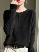 Women 100% Merino Wool Cardigan Soft O-Neck Cashmere Sweater OL Buttoned Knitwear Casual Top Clothing - Image 13