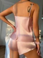 Solid Satin Pajama Set V Neck Cami Top Elastic Waistband Shorts Women's Sleepwear Loungewear - Image 2