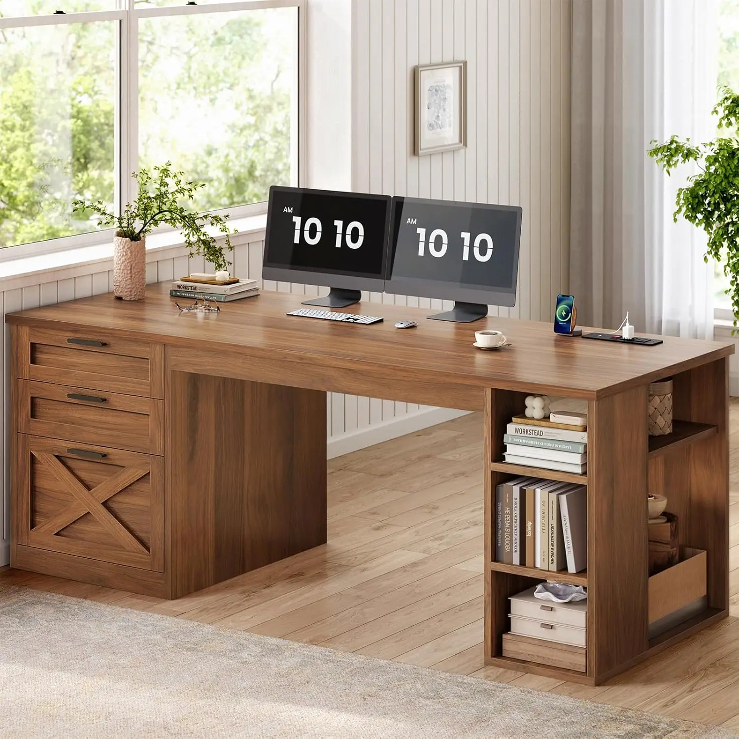 Sf8f5c4fbf02b4523a63d572c83461f77W.webp 55.1" Executive Office Desk with 3 Drawers, Farmhouse Computer Desk with File Drawer & Storage Shelves, Home Office, Customized - Image 1