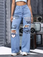Women's High Waist Button Up Butterfly Print Jeans Fashion Casual Straight Pants for Women - Image 2