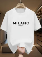 Men’s 100% pure cotton fashionable casual loose Italian style Milan letter printed round neck short sleeved T-shirt top