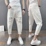 Korean Ankle-Length Distressed Jeans