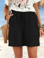 Women's spring and summer linen solid color shorts casual sports women's shorts three-quarter pants with drawstring shorts - Image 12