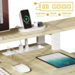 65″ L-Shaped Corner Desk with Drawers, Power Outlets & LED Lights, White Oak Home Office Computer Desk with Storage Shelves