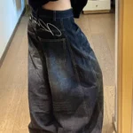 Casual Womens Y2K Loose Baggy Jeans Blue Washed High Street Vintage Cargo Pants Wide Leg Oversized