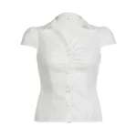 Women Summer Kawaii Solid Shirring Button Up Turn Down Collar Short Sleeve