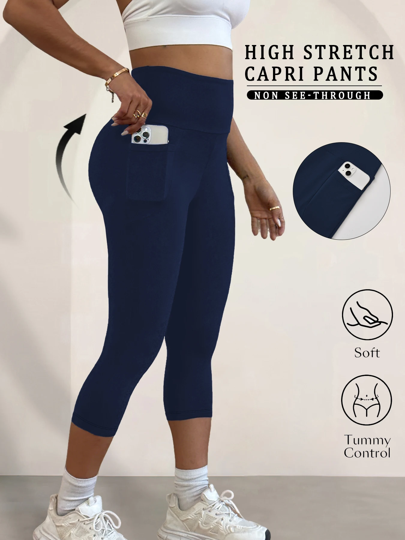 Sfa57432756064853a95747d1a71da694W.webp High Waisted capri pants For Women With Pockets Super Soft Tummy Control Workout Running Yoga Athletic Leggings