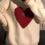 KIMOKOKM Winter Sweet Heart-shaped Pattern Sweater Vintage Harajuku Style Full Sleeve Pullovers Loose Knitting Casual Sweater