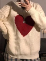 KIMOKOKM Winter Sweet Heart-shaped Pattern Sweater Vintage Harajuku Style Full Sleeve Pullovers Loose Knitting Casual Sweater