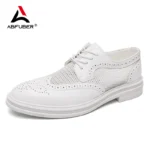 Fashion Derby Leather Men Shoes Summer Breathable White Brogue Lace Up Solid Dress Shoes Business Casual Party Wedding Shoes Men - Image 4