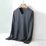 Men's Camel V-neck Long Sleeve Tee Slim Fit Soft Knit Pullover Spring & Autumn Shirt - Image 8
