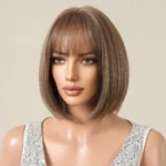 ALAN EATON Short Ombre Brown Synthetic Natural Bob Straight Wigs with Bang for Women Party Daily Use Heat Resistant Fiber - Image 2