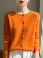 Women 100% Merino Wool Cardigan Soft O-Neck Cashmere Sweater OL Buttoned Knitwear Casual Top Clothing - Image 6