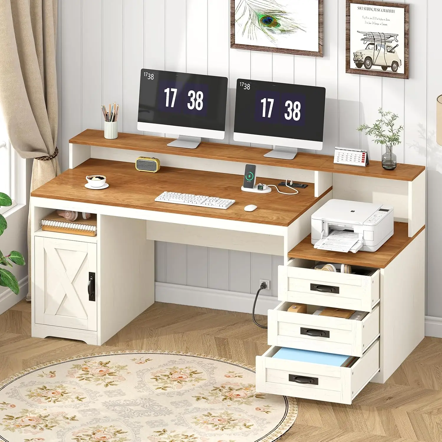 Sff05a294cf164b558147b10028e6afa5x.webp Farmhouse Computer Desk with Drawers, 65” Home Office Desk with Power Outlets, Storage Cabinet and Printer Stand, Customized