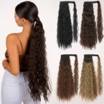 Synthetic Long Corn Wavy Ponytail Hairpiece Wrap on Hair Clip Ombre Brown Blonde Hair Extensions Pony Tail