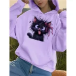 2025 Black Sarcastic Cat with Red Bow Printed Hoodies Clothes Women's Winter Graphic Hooded Vintage Y2k Sweatshirts Pullovers